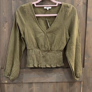 Madewell Olive V-Neck Smocked Blouse